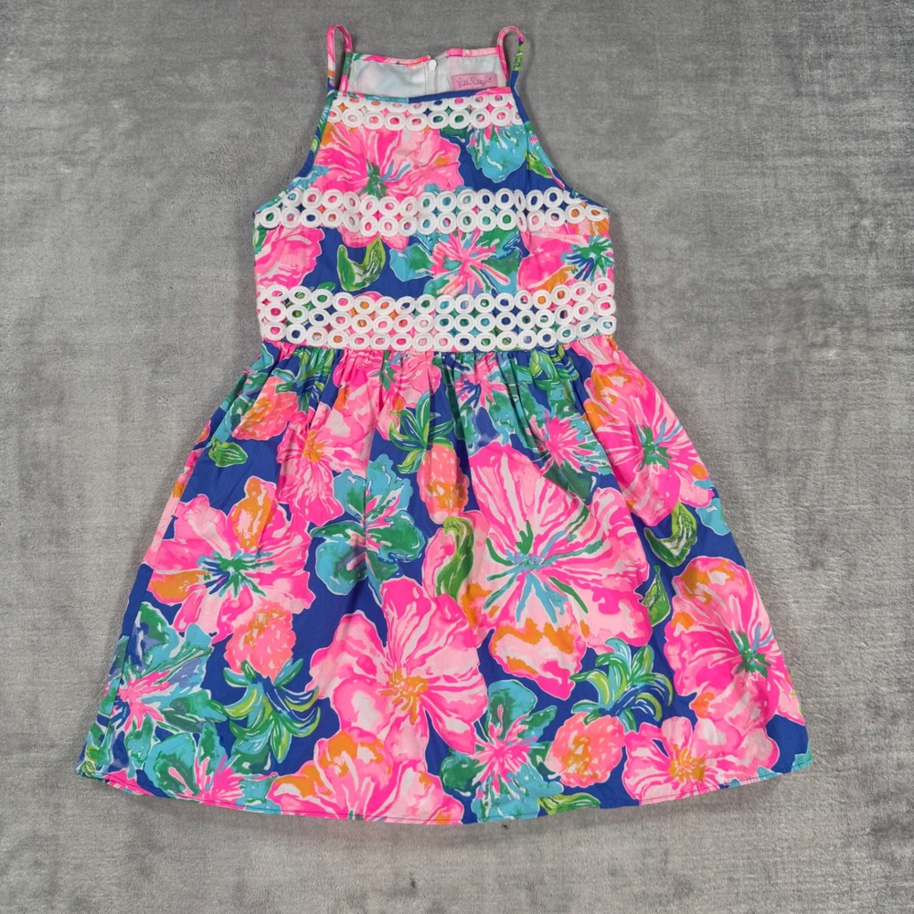 Lilly Pulitzer Dress Girls 10 Pink Floral Eyelet Lace Trim Halter Summer